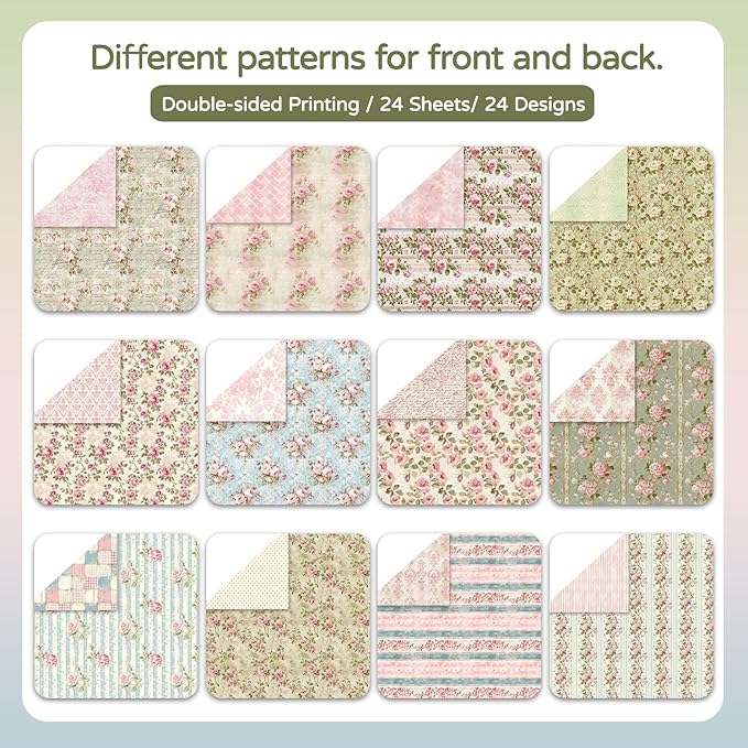 Scrapbook Paper 12x12, 24 Pages/24 Designs Double-sided Floral Craft Sheets, Scrapbook Cardstock Decorative Patterned Paper for Card Making Journaling Origami Decopage Scrapbooking Supplies