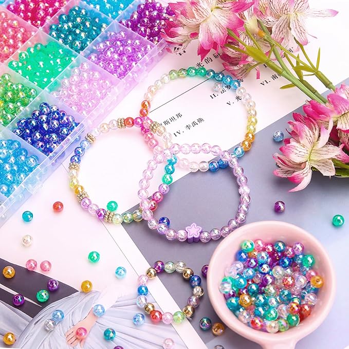 BONNY BOXX 1440Pcs 6mm Transparent AB Acrylic Round Beads, 24 Colors Assorted Plastic Bubble Gum Beads with Hole Loose Spacer Beads Bulk for Bracelets Necklace Jewelry Making DIY Crafts
