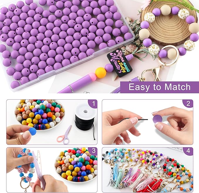160Pcs 12mm Silicone Beads for Keychain Making Bracelet Necklace, Bulk Round Silicone Beads for Pens(Purple)