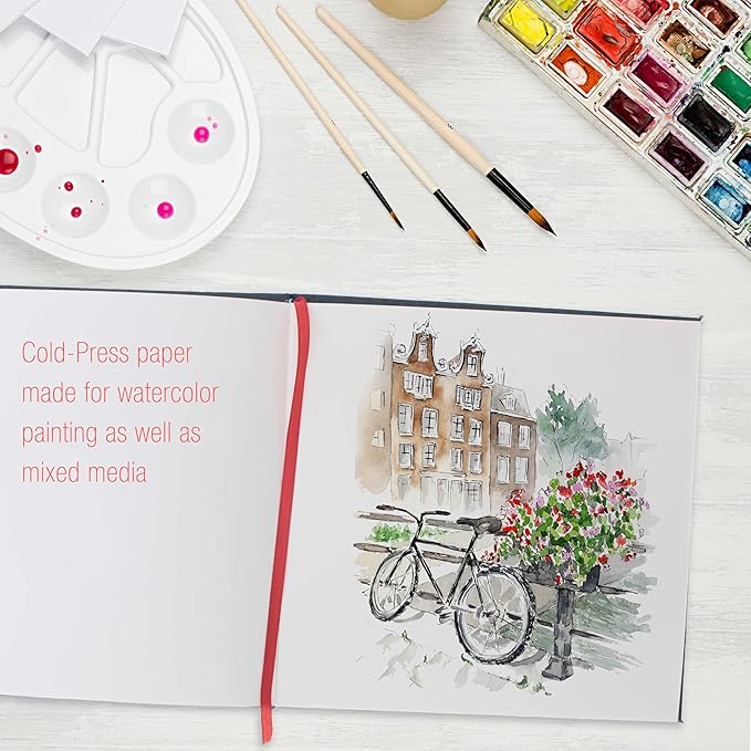 U.S. Art Supply 8.5" x 8.5" Watercolor Book (2 Pack, 76 Sheets Each) - 110lb (230 GSM) Linen-Bound Hardcover Artist Paper Pads - Acid-Free Cold-Pressed Watercolor Paper Pad Mixed Media