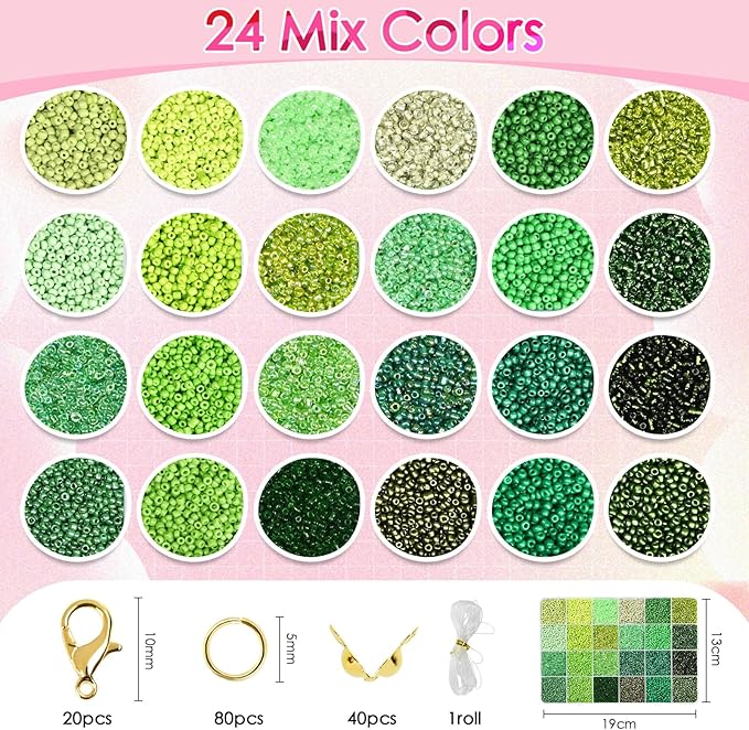 Vtssvow 2mm Glass Seed Beads for Bracelets Making, 24 Colors 22000pcs Friendship Bracelet Making Kit, Small Glass Beads for Jewelry Making (Mix 24 Color, Green)