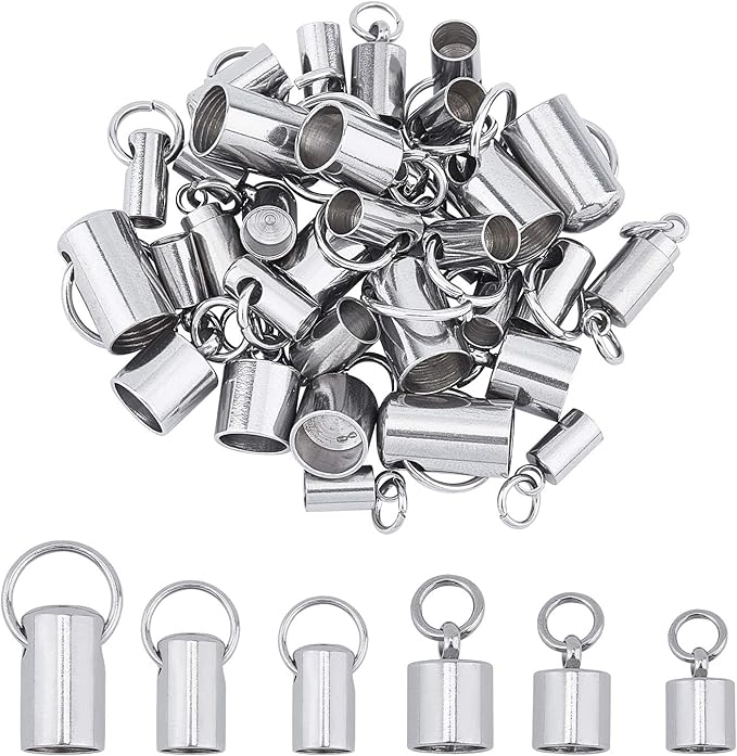 UNICRAFTALE About 36pcs 2 Styles Stainless Steel Cord Ends Column Leather End Caps 3.2~6mm Inner Diameter Cord End Terminators Cord Finding for Jewelry Making Kit, Stainless Steel Color