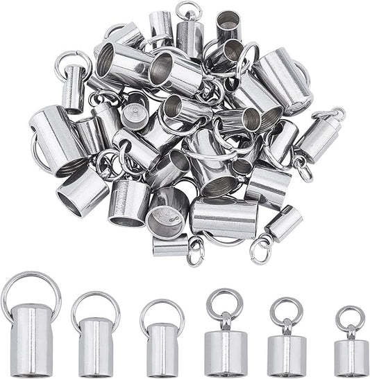 UNICRAFTALE About 36pcs 2 Styles Stainless Steel Cord Ends Column Leather End Caps 3.2~6mm Inner Diameter Cord End Terminators Cord Finding for Jewelry Making Kit, Stainless Steel Color