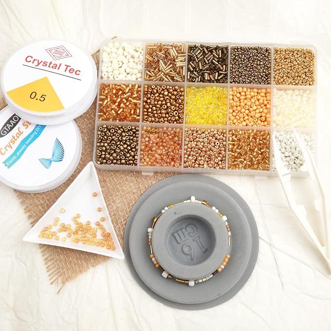 GTAAOY Mix 15 Color Glass Seed Beads, Glass Bugle Beads Tube Beads for Adults, Bracelet Bead Boards, Tweezers,Elastic Sting for Jewelry Making(Mix Size,Gold)