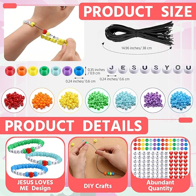 Ferreve 35 Sets Easter Rainbow Religious Bead Wristband Craft Kit Jesus Love You Faith DIY Bead Craft Kit Love Letter Charms for Vbs Week Sunday School Christian Bible Verse Gifts Making