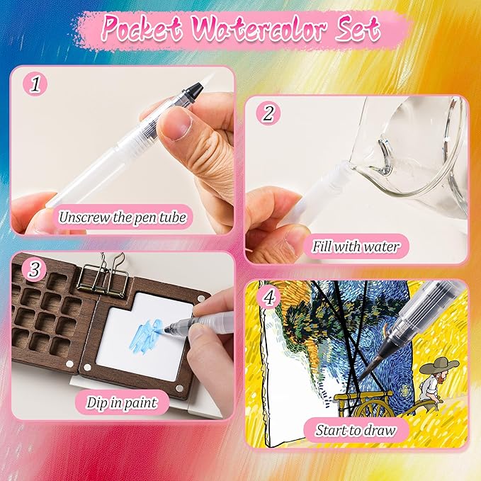 Mini Watercolor Paint Set, 24 Colors Portable Pocket Watercolour Travel Kit with 15 Grid Wood Paint Palette, Sketchbook, Metal Clip, Water Brush for Painters Artists Students