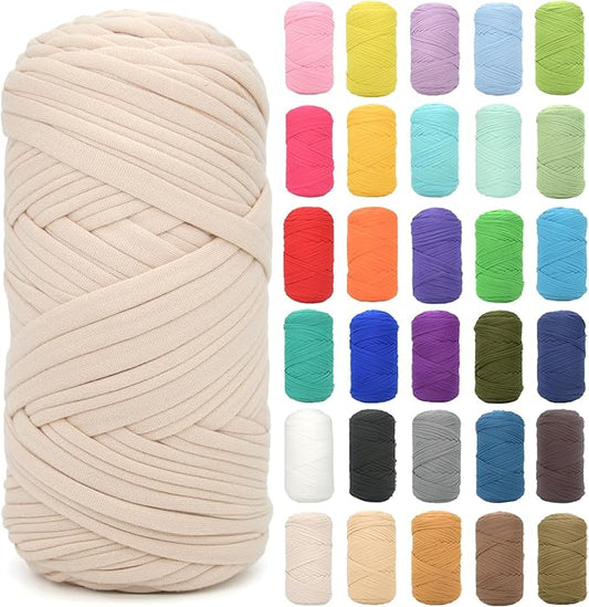 Tshirt Yarn for Crocheting,Beige T Shirt Chunky Elastic Fabric Thick T-Shirt Crochet Yarn for Beginners Crocheting Hand Knitting Bag/Basket/Coasters/DIY Crafts/Home Decor 200G(Beige