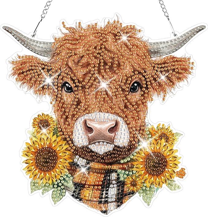 HEIBAGO Highland Cow Hanging Diamond Art Kits for Adults, Special Shaped Crystal Diamond Painting Ornament Kit, DIY Double-Sided Pattern Window Pendant Gem Art Kit for Home Wall Decor 8.3x8.3inch
