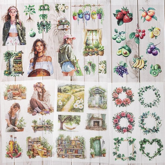 Stickers for Journaling, 20 Sheets Green Life Junk Journal Sticker, PET Washi Materials Scrapbooking Supplies for Adults, People Planner Transparent Decorative Art Crafts