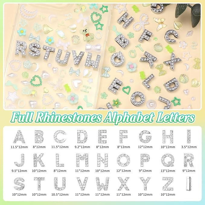 330 Pcs Green Junk Phone Case Charms 26 Pcs A-Z Rhinestone Alphabet Letter Charms, Mix Flower Bow Heart Pearls Flatback Resin Charms Letter Junk Cases Kit for DIY Crafts