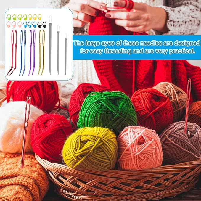 26 Pcs Large Eye Sewing Needles Kit, Yarn Darning Tapestry Needle Set Big Eye Sewing Needles Bent Curved Tip Crochet Needles Stitch Markers Accessories for Weaving Quilting Beading Project Supplies
