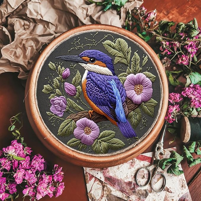 fonnuy embroidery kit for beginners, birds with flowers pre-stamped pattern kits for adults with hoop, easy to follow color thread needlework, 8'' hoop (purple 1)