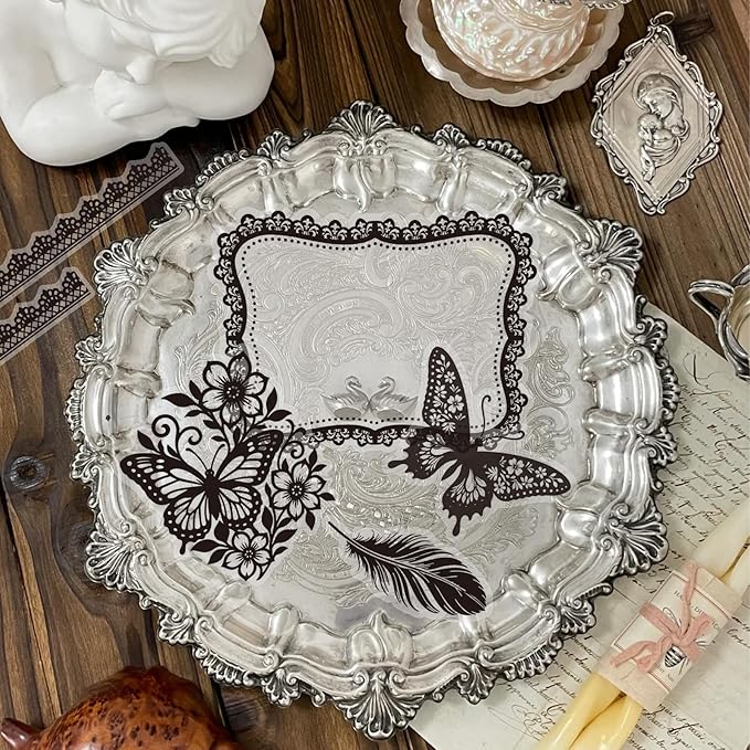 130 Pcs Vintage Black White Lace Scrapbook Stickers - Classic Butterfly Feather Heart Embellishments for DIY Journal Wedding Photo Album Craft Decor, Fade-Resistant Waterproof Reusable