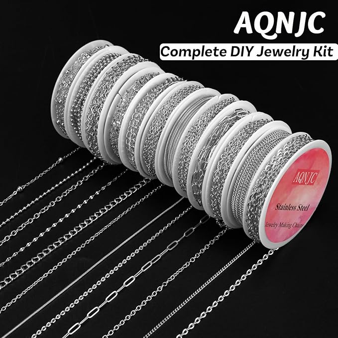 AQNJC Silver Chain for Jewelry Making, 98 Feet 12 Rolls Jewelry Chains with Silver Letter Charms for Women DIY Necklace Bracelet Making Supplies with Jump Rings, Lobster Clasps, Connectors