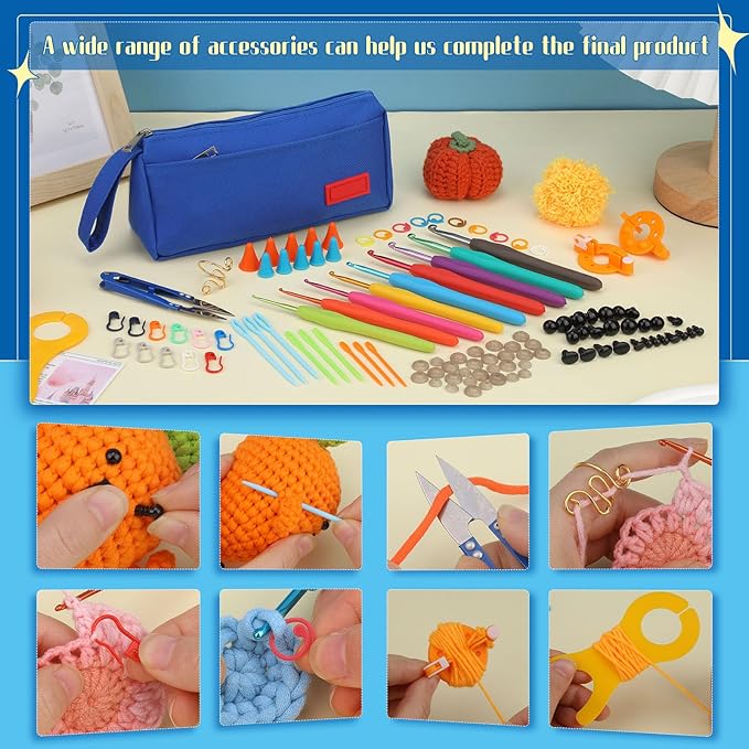Pnytty 109pcs Crochet Hooks Kit Include 9pcs Ergonomic Crochet Hooks, 50g Premium Polyester Fiber Fill, Plastic Eyes, Noses, Crochet Tool Kit for Arthritic Hand Knitting Craft Handmade Crochet Project