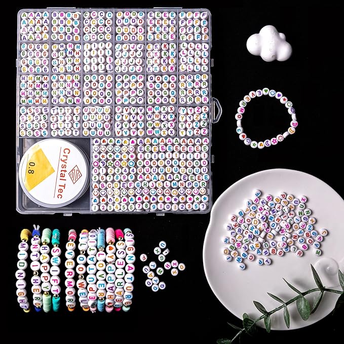 nikkiGuo 1250 PCS Letter Beads Kit with Elastic Cord – Alphabet A–Z, Numbers, Heart, Moon, Star, Smiley Beads for Friendship Bracelets & DIY Jewelry (White Beats & Colorful Letters)