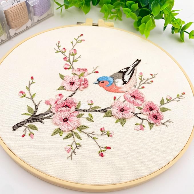 Silentsea Embroidery Kit, Floral and Nature Designs, 3-Pack with Hoops, Needlework Pattern Set (Bird)