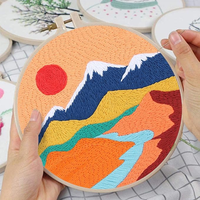 Louise Maelys 3 Set Landscape Embroidery Kits for Beginners,Cross Stitch Kit for Adults,DIY Needlepoint with Mountain Sun Moon Pattern