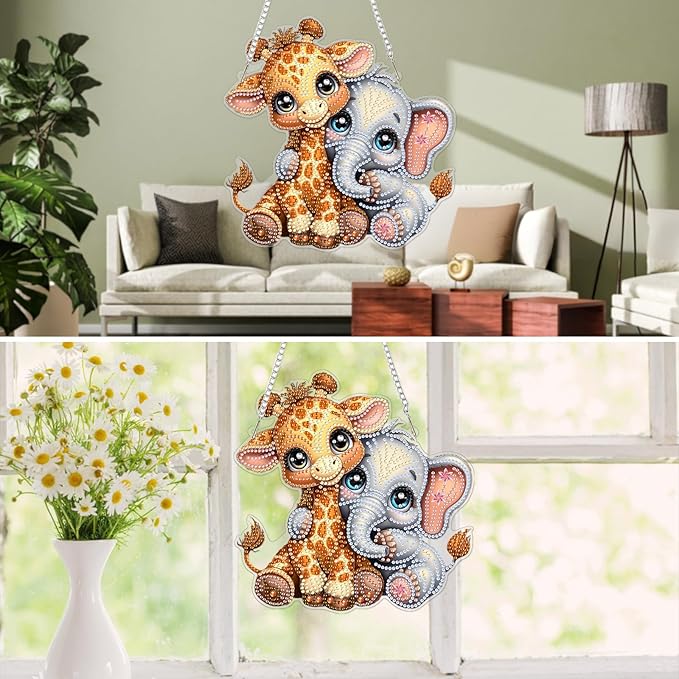 MXJSUA Diamond Art Hanging Kits for Adults Beginners, Giraffe and Elephant DIY Acrylic Special Shaped Crystal Diamond Gem Art Pendant Drills Painting Ornament for Home Wall Decor and Gift