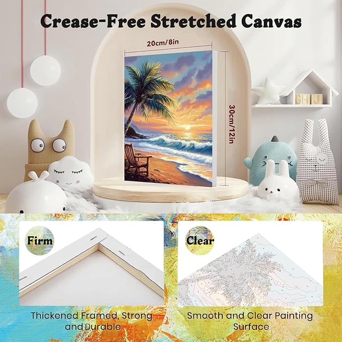 Beach Paint by Numbers for Adults with Framed Canvas - with Wooden Easel, Landscape Paint by Number on Canvas, DIY Sunset Acrylic Oil Painting Kits with Brushes for Home Wall Decor (8x12 inch)