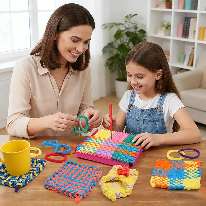 DDAI Weaving Loom Craft Kit for Kids Ages 6–12, Knitting Potholder & Woven Crafts Set with Colorful Loops and Crochet Hooks, Hands-On Creative Activity for Girls and Adults, Birthday or Holiday Gift