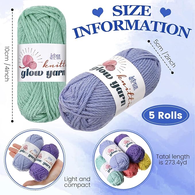 WILLBOND 5 Rolls Glow in The Dark Yarn Luminous Crochet Yarn for Crocheting DIY Knitting Glow Fingering Sewing Supplies for Halloween Arts Crafts Sewing Party, 54.7 yd Per Roll (Cute Colors)