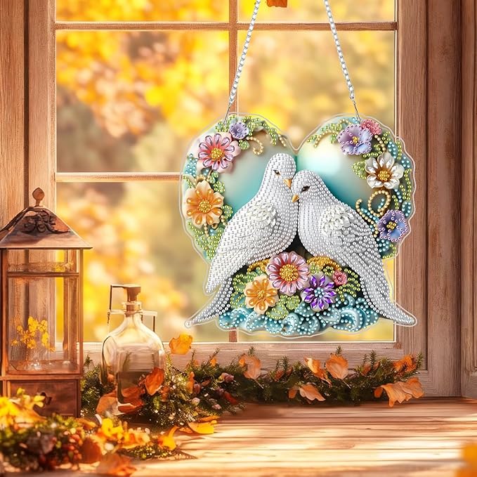 Hanging Diamonds Art kit for Adult, Spring DIY Dove of Peace Diamonds Painting Art Kit, 7.76x7.4 inch Acrylic Diamonds Painting Kit, Diamond Dot Kits Special Crystal Diamond Hanging Ornamen