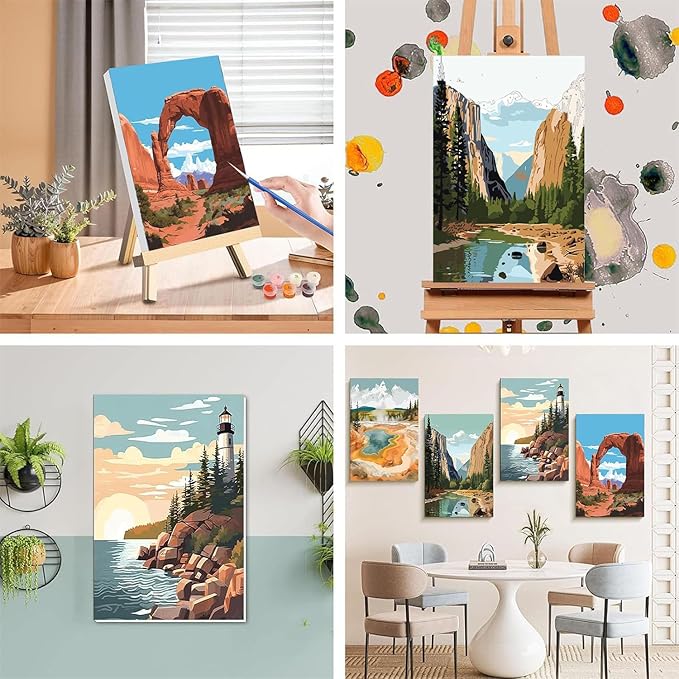 4 Pack Paint by Numbers for Adults with Framed Canvas - with Wooden Easel, National Park Paint by Number on Canvas, DIY Landscape Acrylic Oil Painting Kits with Brushes for Home Wall Decor (8x12 inch)