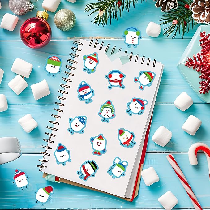 beyumi winter cute marshmallow sticker - 1000pcs winter marshmallow stickers in 2 rolls winter christmas adhesive kawaii marshmallow decal holiday party favor classroom office bottle decor