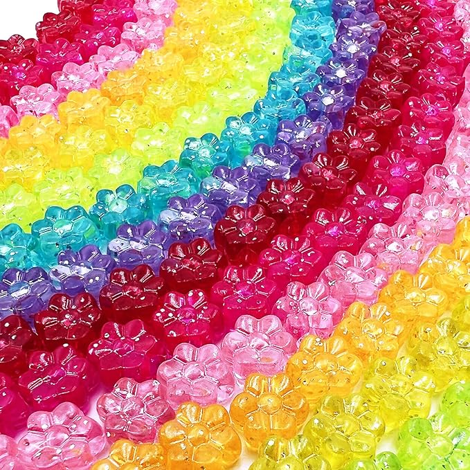 MIIIM 400 Pcs Glitter Flower Pony Beads Shapes for Friendship Bracelet, Large Hole Kandi Beads for Hair Braids, Jewelry Making (Multi-Glitter)