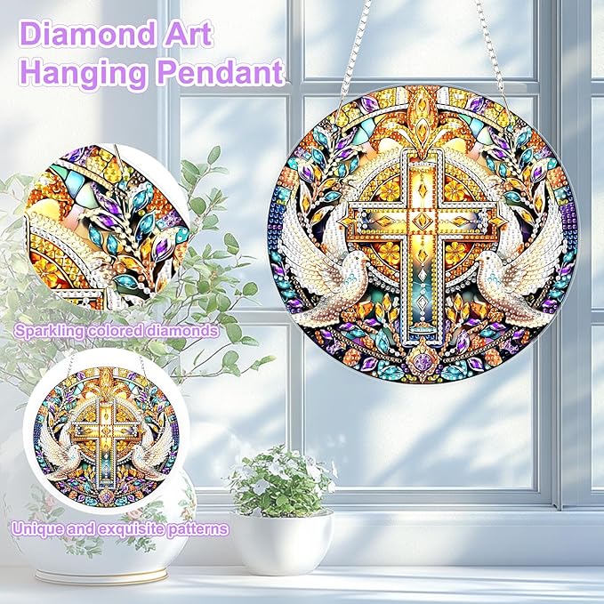 TOSTOG Diamond Art Hanging Kits for Adults, Cross Dove Diamond Painting for Adults Window Pendant, Special Shape Diamonds Christian Cross Diamond Painting Hanging Pendant Kit for Wall Decor Gift