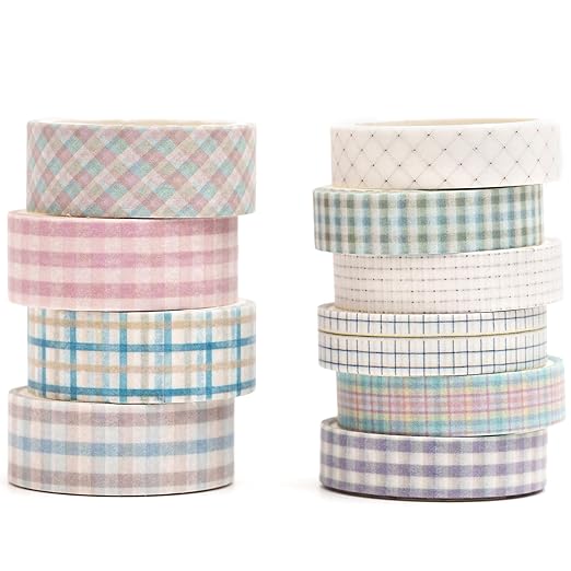 YUBBAEX 10 Rolls Vintage Washi Tape Set Basic Masking Retro Artwork Decorative Tapes for Arts, DIY Crafts, Journals, Planners, Scrapbook, Wrapping (Grid)