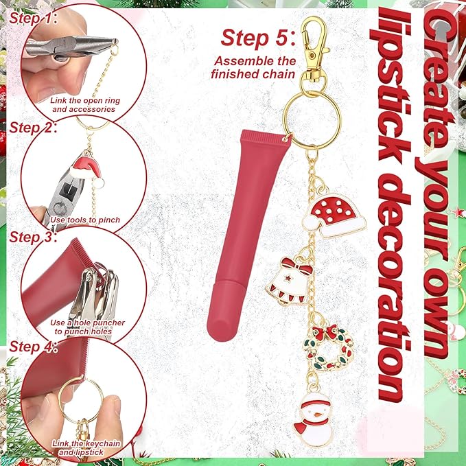 VioraWhite 213 Pcs Christmas Theme Lip Gloss Keychain Making Kit 100 Pink Enamel Charms 32.81 ft Gold Chains for DIY Crafts Women