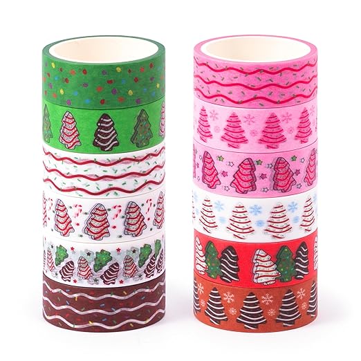 Christmas Tree Washi Tape - 12Pcs Sweet Dessert Gingerbread Scrapbook Washi Colored Masking Decorative Tape Set School Office Teacher Gift Wrapping Diy Craft Scrapbooking Journal Art Supplies