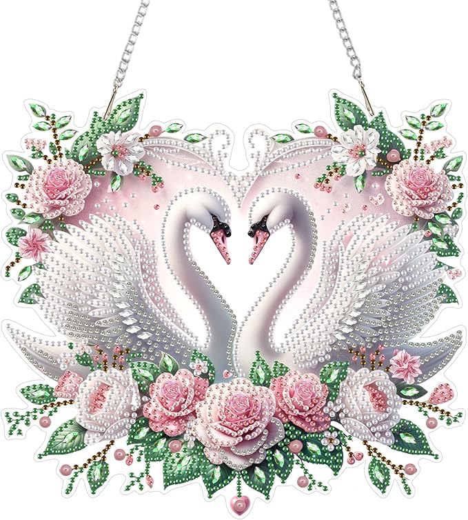 Eiflow Acrylic Diamond Art Hanging Kit for Adults Love, DIY Diamonds Painting Door Hanger Board Kit, Special Crystal Diamond Art Painting Pendant Ornament (Swans)