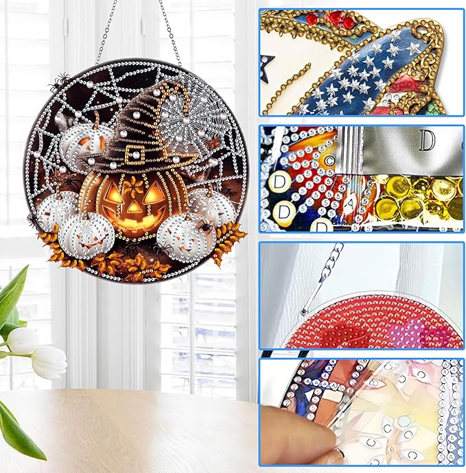 Reofrey Hanging Diamond Art Kits for Adults - 8x8 Inch Halloween Pumpkin Acrylic Board Double Sided Pattern Diamond Art Suncatcher Pendant, Crystal Art for Home Wall Windows Decoration Handmade Gift