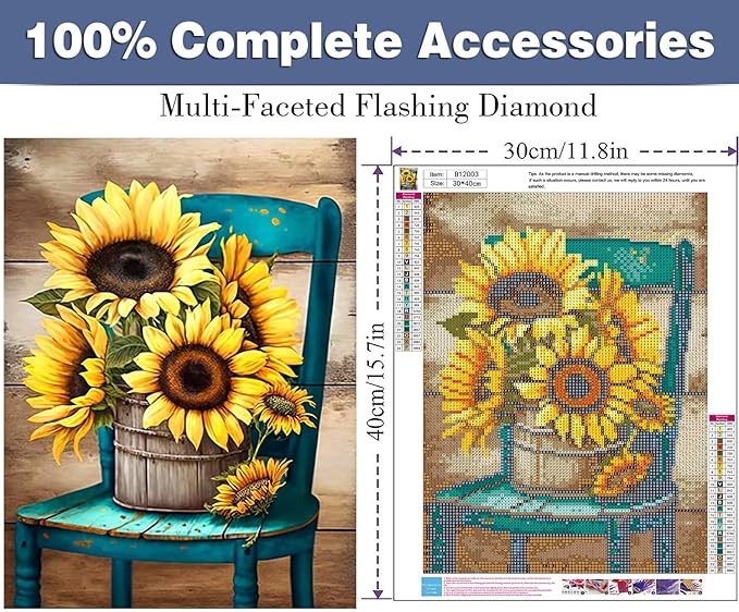 ijbnhd Sunflowers Diamond Art Kits for Adults,Chair Diamond Paintings Kits for Beginners, Full Drill Round DIY Crafts Kits Gift Home Wall Decor Gifts 12x16in