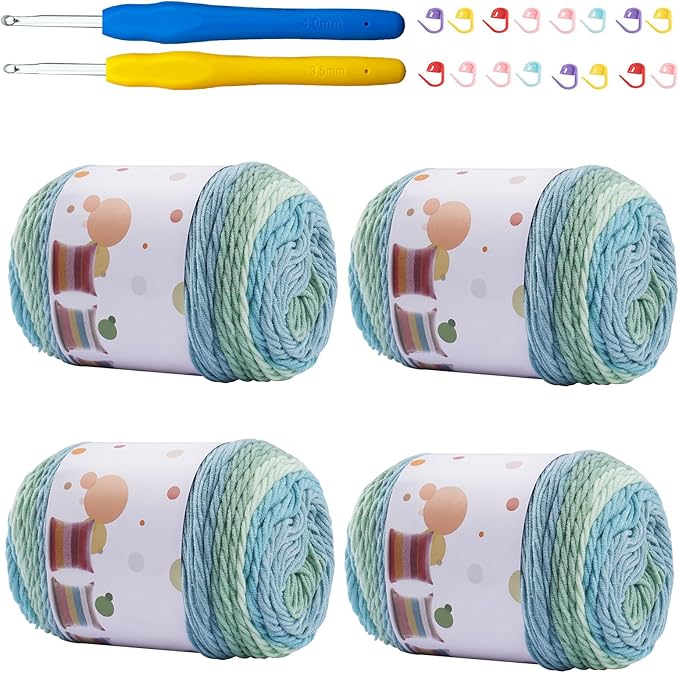 Ombre Cake Yarn for Crocheting 4PCS Gradient Yarn Cake-4x100g 45% Cotton 55% Acrylic Rainbow Cotton Yarn for Knitting,Shawls,Blankets,Scarves,Garments(Green)