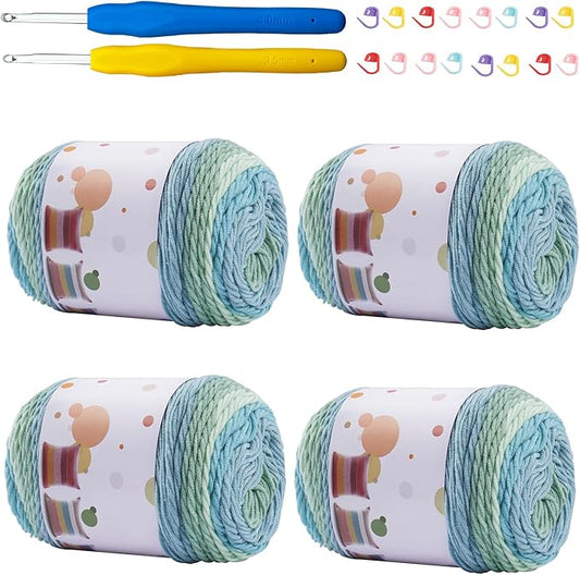Ombre Cake Yarn for Crocheting 4PCS Gradient Yarn Cake-4x100g 45% Cotton 55% Acrylic Rainbow Cotton Yarn for Knitting,Shawls,Blankets,Scarves,Garments(Green)