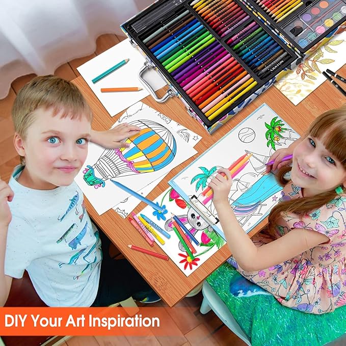 Art Supplies, 180 Pack Drawing Painting Set for Kids Girls Boys Teens, Coloring Art Kit Gift Case with Clipboard, Coloring Papers, Oil Pastels, Crayons, Colored Pencils, Watercolor Cakes, Markers