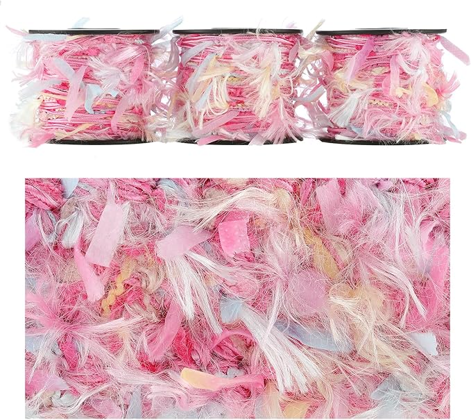 Artisanal Yarn Collection Multifiber Fancy Yarn for Knitting Crocheting Crafts DIY, Set of 3 Rolls (Rosy Pink & Soft Blue)