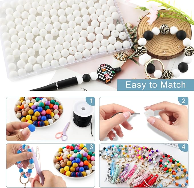 160Pcs 12mm Silicone Beads for Keychain Making Bracelet Necklace, Bulk Round Silicone Beads for Pens（White）