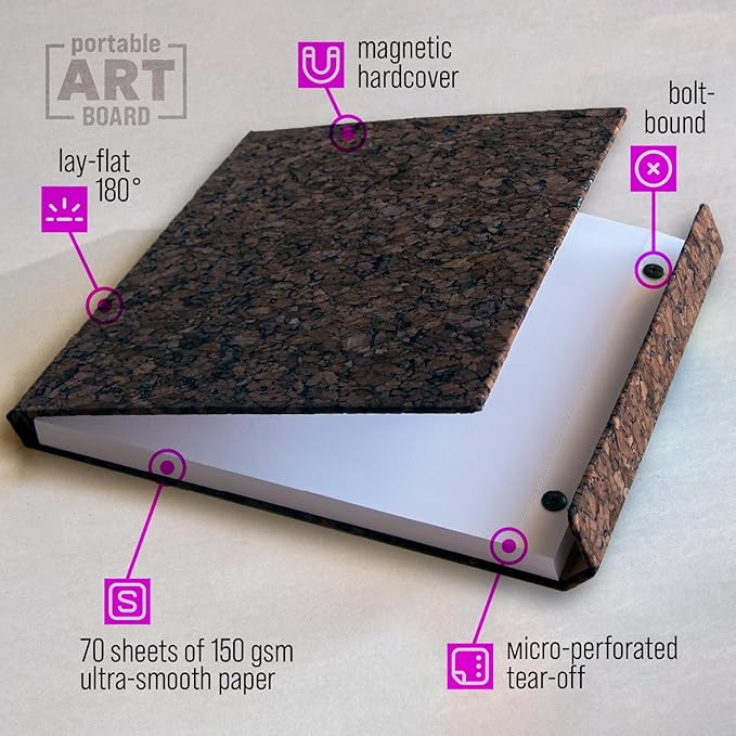 Magnetic Cork Hardcover Drawing Pad – 9x12 in (A4) Ultra-Smooth Thick Marker Paper 150 GSM for Pen & Ink, Fineliner, 70 Tear-Out Sheets, Screw-Post Binding, Artist Sketchbook (Dark Cork)