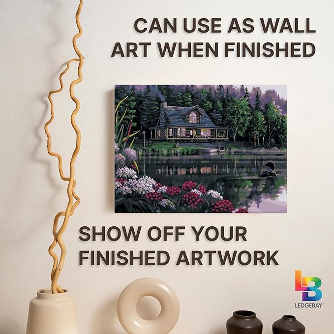 Ledgebay DIY Paint by Numbers Kit for Adults Framed Canvas Beginner to Advanced Paint by Numbers Kit Kits Include Acrylic Paint Set Brushes Tabletop Easel (Still Waters 12" x 16" Framed)