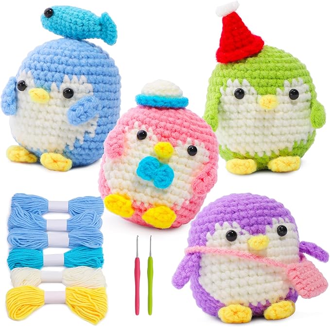 IMZAY 4 Pack Crochet Kit for Beginners, Beginner Animal Kit, Cute Starter with Video Tutorial, 2 Hooks, Colored Yarns, 5 Stitch Markers Complete Set to Make Penguins