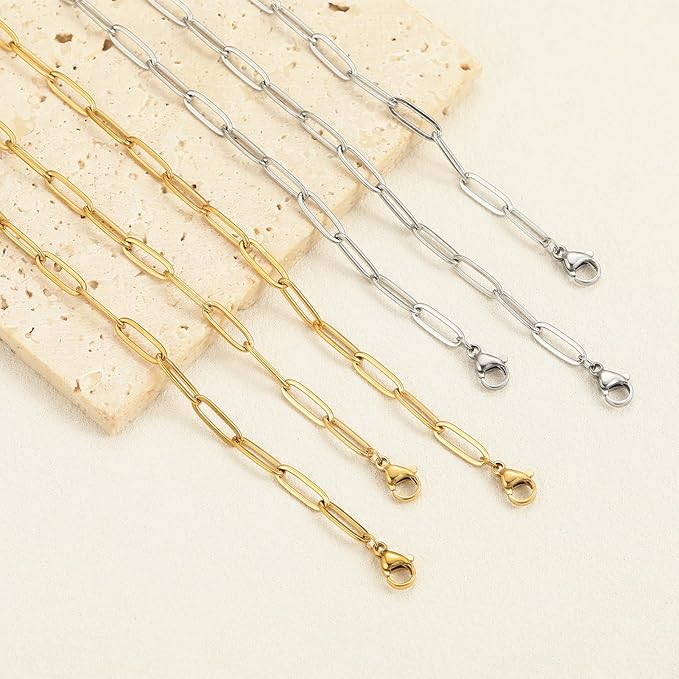 Swyabi 10 PCS Paperclip Chain Bracelet Kit 6.5 Inch Stainless Steel Charm Bulk Bracelets with Extender for DIY Jewelry Making (Gold + Steel）