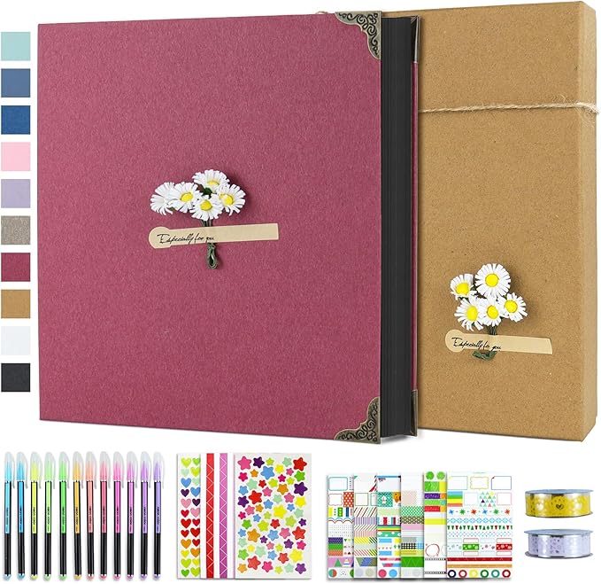 Vienrose DIY Scrapbook Photo Album Kit with Pens Tapes and Stickers 60 Pages Hardcover 12x12 Inches 3 Rings Removable Black Paper Scrapbooking for Lover Friends Kids Wedding Red