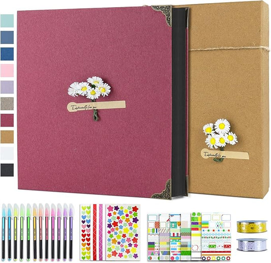 Vienrose DIY Scrapbook Photo Album Kit with Pens Tapes and Stickers 60 Pages Hardcover 12x12 Inches 3 Rings Removable Black Paper Scrapbooking for Lover Friends Kids Wedding Red