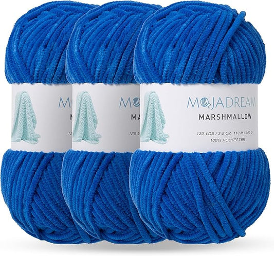 Marshmallow Yarn 3PCS 3.5oz Soft Chenille Yarn for Amigurumi Baby Blanket Yarn: No Shedding Soft Easy to Knitting and Crocheting Bulky 5# Yarn 3 Skeins of 100g (Princess Blue)