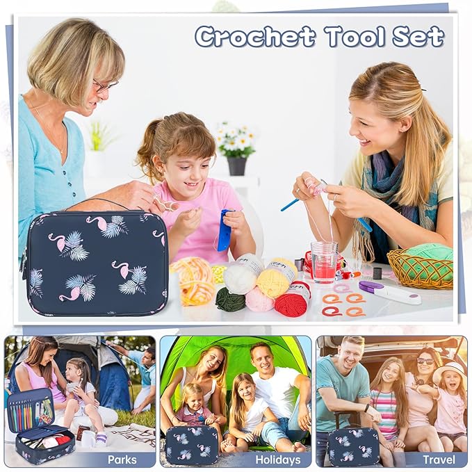 GMAK 59 PCS Crochet Kit for Beginners Adults, Crocheting Sets Include Yarn, Hooks and Tools, Portable Crochet Starter Kit for Making Variety Projects Crocheting Supplies, Navy Flamingo
